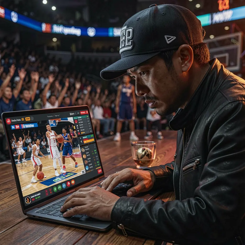 TTPH Bet – Enjoy smooth online sports betting anytime in the Philippines Focused Filipino sports bettor using the TTPH betting platform on a laptop while watching a live basketball match in a modern setting