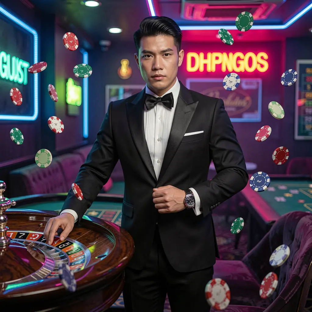 TTPH – Step into a world of premium live casino entertainment in the Philippines Elegant casino scene with a professional dealer in a tuxedo beside a roulette table surrounded by flying chips highlighting the premium live casino environment of TTPH for players in the Philippines