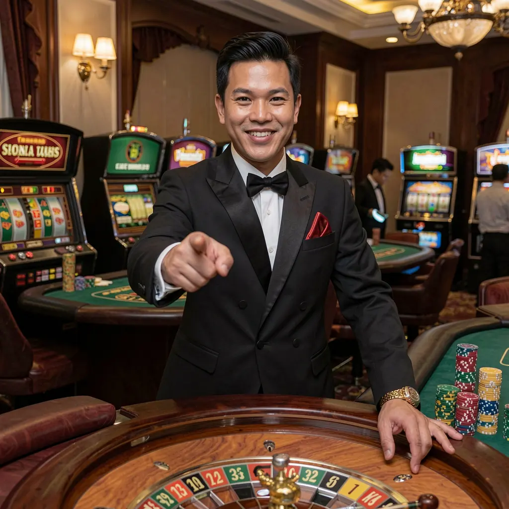 TTPH Login – Join interactive live casino games for Filipino players Friendly Filipino casino dealer pointing forward at a live table with roulette wheels behind him representing interactive login on TTPH